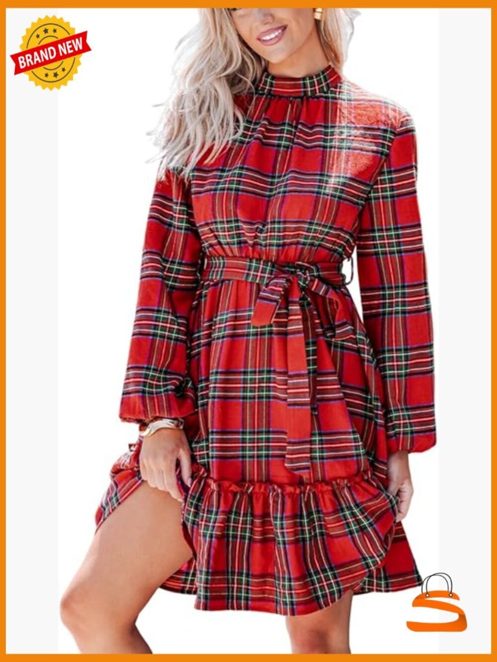 Women's Mini Dress Mock Neck Long Sleeve Plaid Tie Back Ruffle Hem